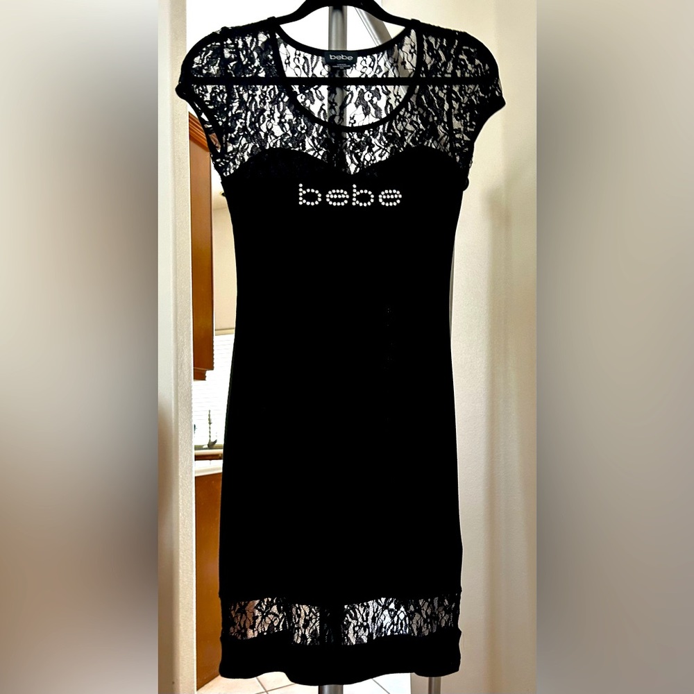 Bebe Crystal Embellished Ribbed Black Lace Dress M.